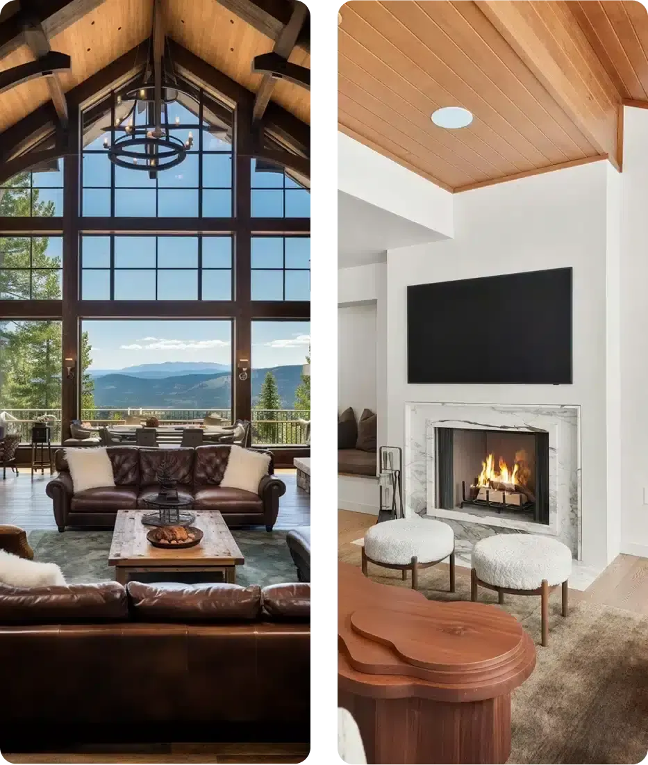 Great room with timber trusses and tall windows facing the mountains